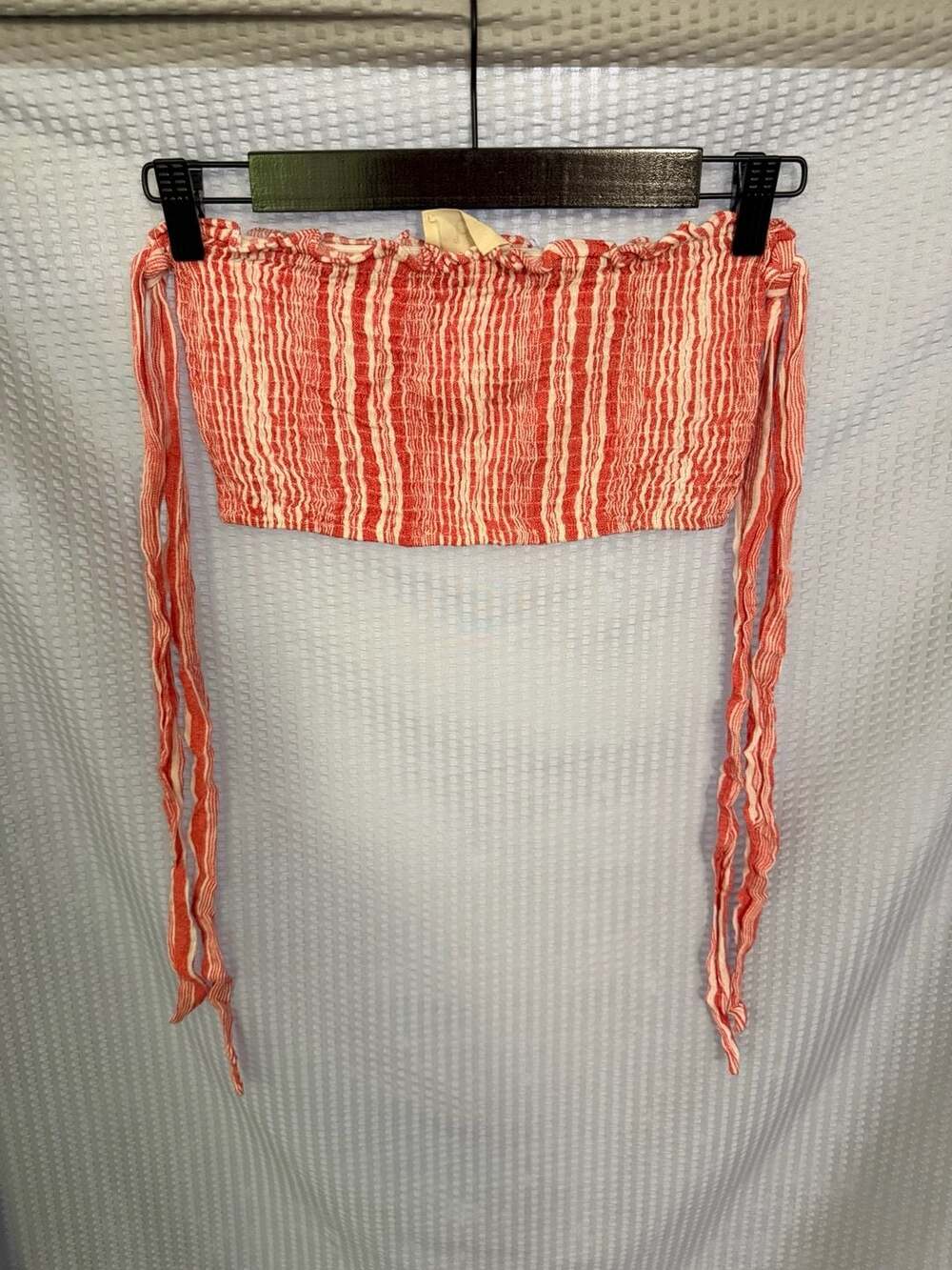 b. Red and White Striped Smocked Tube Top with Tie Sides
